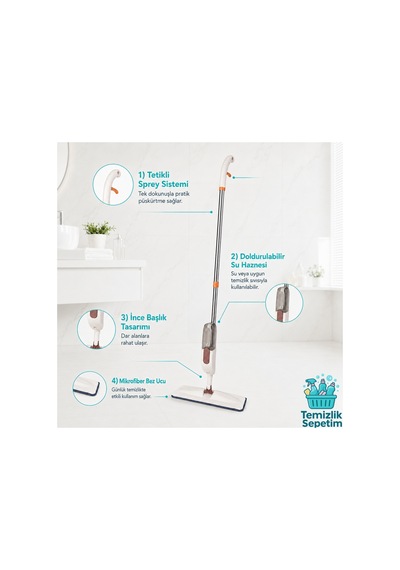Spreyli Mop Seti +4 Yedek Mop, Portatif Cırt Cırtlı Mikrofiber Bezli