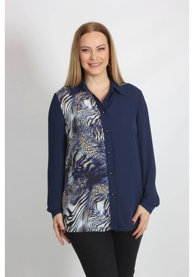 Moda Berray 2320 Leopar Desenli Şifon Gömlek Lacivert