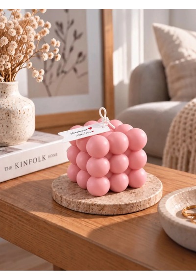 Mumelia Bubble Küp Doğal Soya Dekoratif Blok Mum - Büyük Boy - Pembe