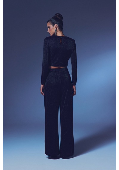 Sateen Vatkalı Simli Bluz - Siyah-135321 Siyah