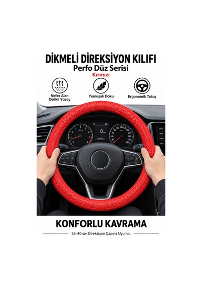 Trobus Opel Vectra 2003-2009 Uyumlu Dikmeli Direksiyon Kılıfı Perfo Düz Delikli Deri Kırmızı