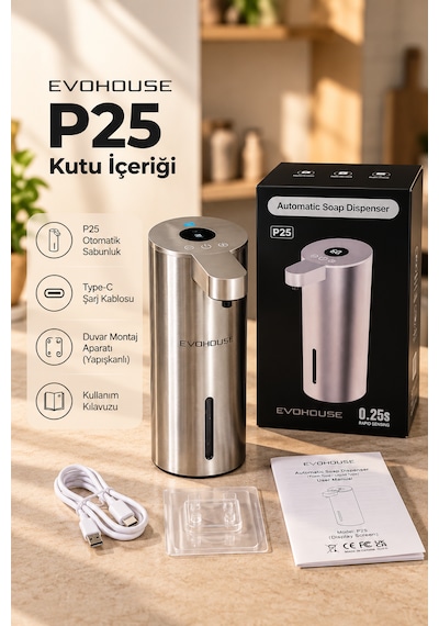 Otomatik Sensörlü Sıvı Sabun Dispenseri Paslanmaz Çelik Inox - P25 Model Gümüş