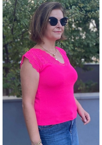 Mia Butik Kadın Pembe Sıfır Kol Ajurlu Triko Bluz Pembe