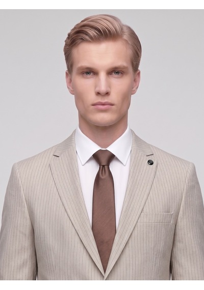 Tk6890 Erkek Çizgili Takım Elbise Slim Fit Modern Kesim Şık Klasik Ceket Pantolon Takım Bej