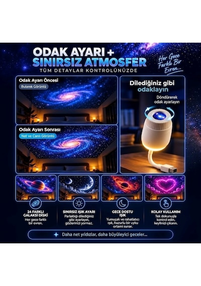 Yıldız Galaksi Projektörü 24'ü 1 Arada Tavan Yansıtmalı Gece Lambası & Oda Aydınlatma 24 Uzay Ve Romantik Slaytlı Us