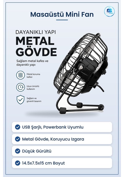 Masaüstü Mini Fan Usb Şarjlı Metal Gövde 14.5x7.5x15 Cm Sessiz Ta