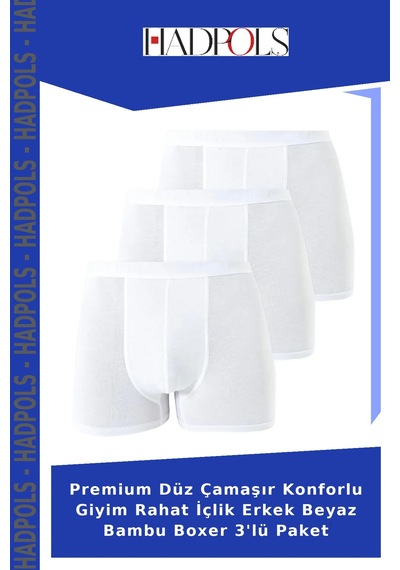 Hadpols Premium Düz Çamaşır Konforlu Giyim Rahat İçlik Erkek Beyaz Bambu Boxer 3'lü Paket
