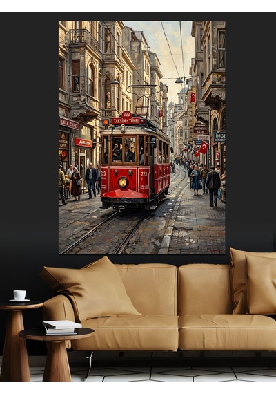 Yağmurlu Şehirde Kırmızı İstanbul Tramvayı Dekoratif Kanvas - Mdf Ahşap Tablo