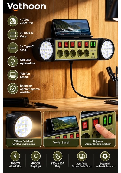 Akıllı Masaüstü Duvar Tipi Akım Korumalı 5 Li Priz 3680w Led Işıklı Usb-a Type-c Telefon Standlı Diğer