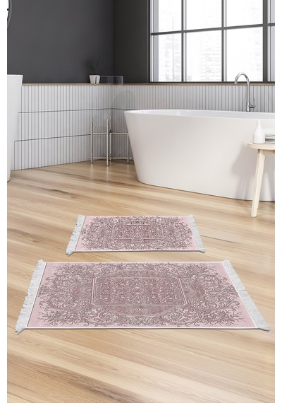 Dekoreko Kaymaz Taban Djt 2 Li Banyo Paspas Takımı Trend Saçaklı Modern 1488 pudra