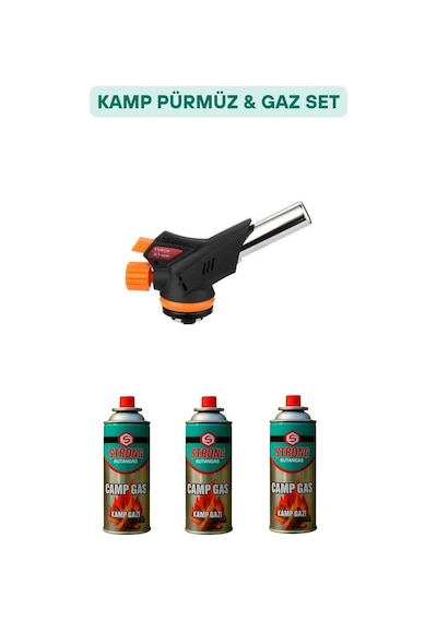 Kamptek Bütan Propan 3 Adet Gaz Kartuşu 400 Ml 1 Adet 1300 C / 2500 F Kamp Pürmüz Başlığı Kırmızı