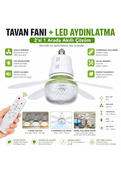 Tavan Fanı + Led Aydınlatma E27 Duy 3 Kademeli Kumandalı Sessiz Mini Tavan Vantilatörü 520mm