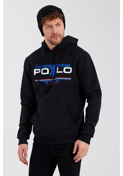 Polostate Erkek Kapüşonlu Baskılı 3 İplik Sweatshirt Siyah