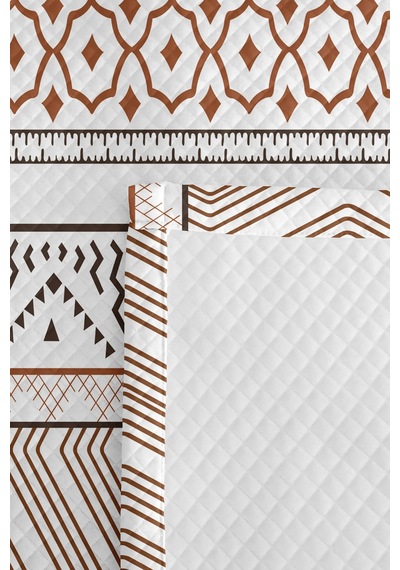 Kahverengi Geometrik Bohem Tek Kişilik Dekoratif Pike Takımı - Beyaz Etnik 160x220 Cm Yatak Örtüsü Kumlu Misk İzi
