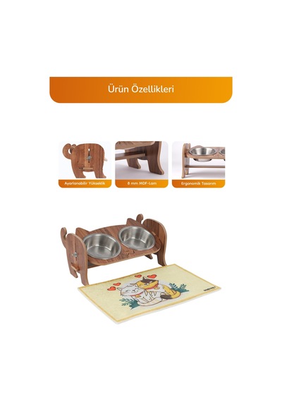 Ahşap Kedi Mama Seramik Su Kabı Standı,kedili Mama Kabı, Hediye Kedi Halısı