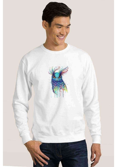 Renkli Baykuş Pop Art Illüstrasyon Baskılı Beyaz Erkek Sweat (528431402)
