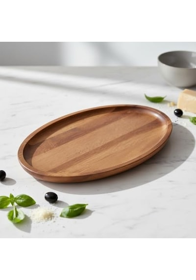 Akasya Ağacı Oval Sunum Tabağı 28x18 Cm Yükseltilmiş Kenarlı Doğal Ahşap Servis Tepsisi Kahve, Peynir Ve Diğer