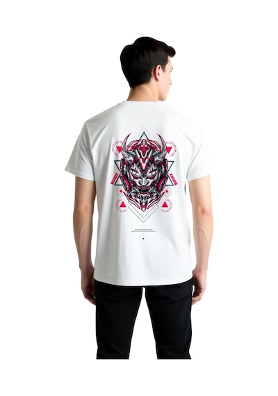 Paybuy Erkek Tişört Geometrik Samuray Miğferi Vektör Baskısı Cyberpunk T Beyaz