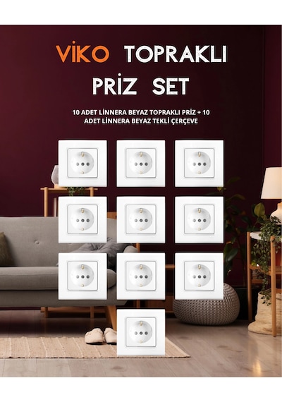 Viko Linnera Beyaz Priz Set 10 Adet Topraklı Priz + 10 Adet Tekli Çerçeve