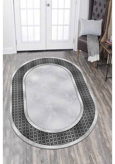 Gri Çerçeveli Kaymaz Tabanlı Yıkanan Oval Halı Ar735n11