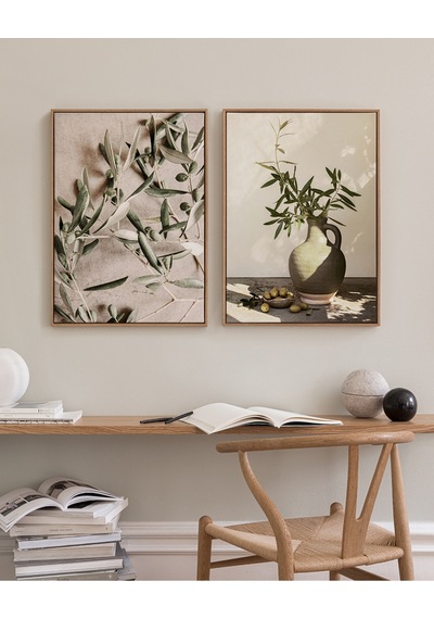 Zeytin Sessizliği - Gerçek Cama Baskı Gold Alüminyum Metal Çerçeveli 2'li Modern Tablo