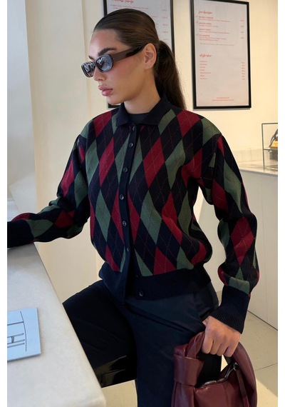 Madmext Lacivert Baklava Desenli Polo Yaka Kadın Hırka Mg2478 Lacivert