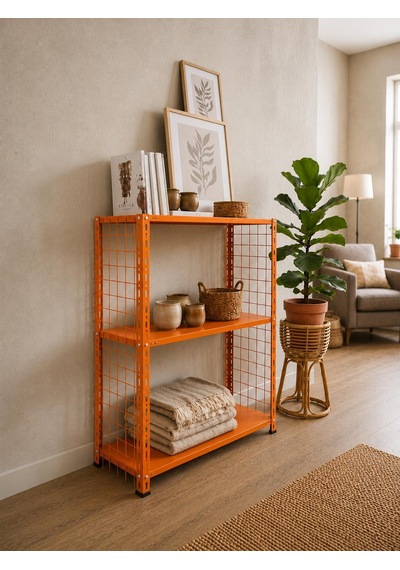 3 Katlı Renkli Tel Kafesli Dekoratif Çelik Raf - Çiçeklik Rafı, Ofis Rafı 0,70 Mm Siyah-59x93 Cm-50 Cm