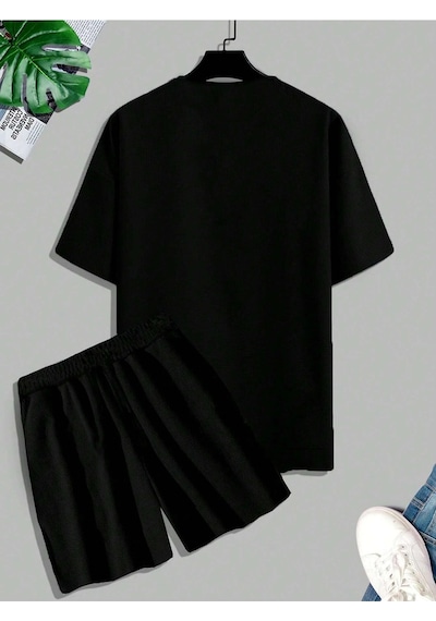 Unisex Oversize Paris Baskılı Siyah Bisiklet Yaka T-shirt Şort Siyah