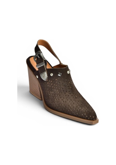 Fox Shoes Y654329102 Kahverengi Hakiki Deri Süet Zımba Detaylı Western Topuklu Ayakkabı