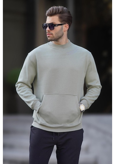 Madmext Mint Yeşili Bisiklet Yaka Nakış Detaylı Cepli Erkek Sweatshirt 7049-mint Yeşili Mint