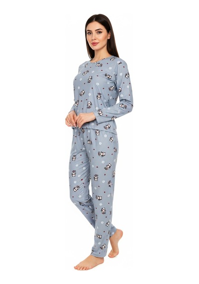 Bisiklet Yaka Süet Pijama Takımı 6009 Penguen Mavi Mavi