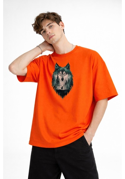 Misa Tahtakale Wolf - Oversize Erkek Tişört Turuncu Çok Renkli