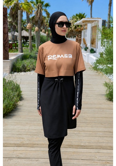 Remsa Mayo Spor Likra Logo Detay Tam Kapalı Tesettür Mayo R140 Camel