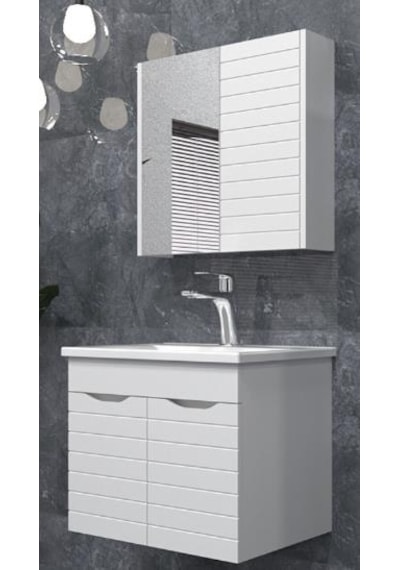 Banyo Dolabı 65 Cm Sonic Ayna Dolaplı Alt Üst Modül Ve Seramik Lavabo Beyaz