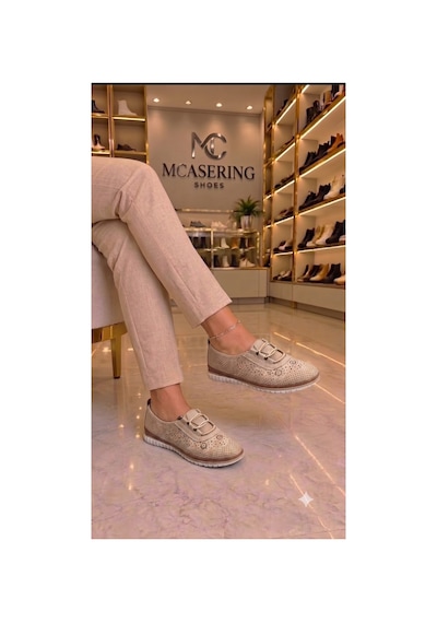 Mcaserıng Nokta Ortobetik Kadın Bacıklı Detaylı Ciltli Anne / Kız Günlük Sneaker Ayakkabı Babet Bej-lazer