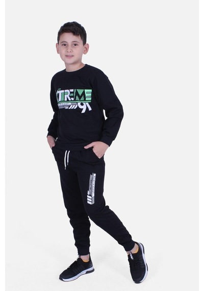 Fyk Kids Yuvarlak Yaka Baskılı Erkek Çocuk Eşofman Takımı Siyah