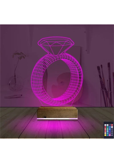 Luvivia Tek Taş Yüzük Sevgiliye Hediye 3d Lamba - Masa Gece Lambası