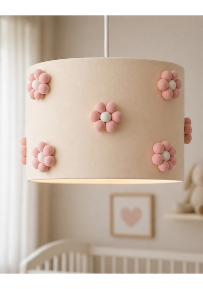 El Yapımı Ponpon Çiçekli Bebek Odası Avizesi 30x20 Cm Pudra Krem Çocuk Odası Aydınlatma Pudra Pembe
