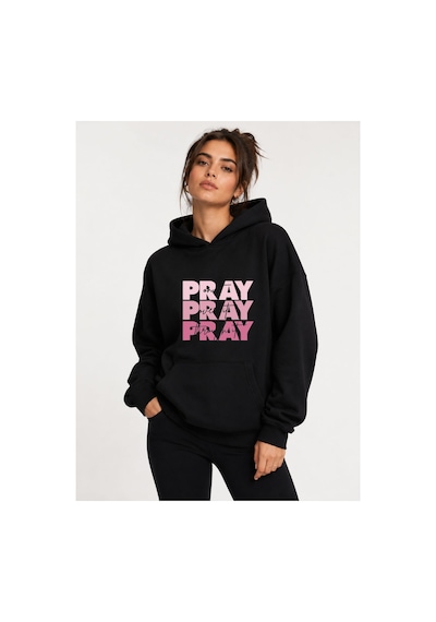 Herkesemoda Pray Baskılı Kapüşonlu 2 İplik Şardonlu Sweatshirt Siyah