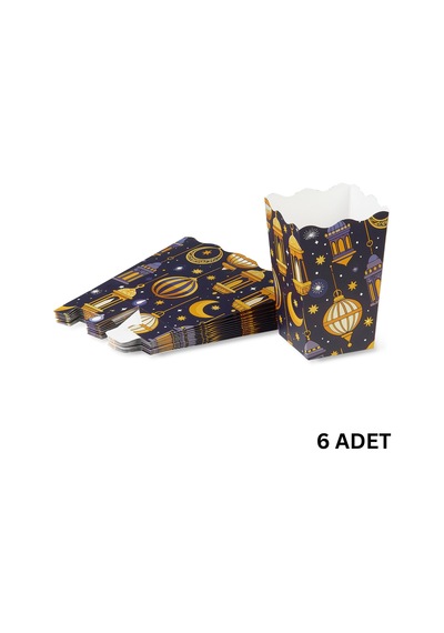 6lı Ramazan Temalı Patlamış Mısır, Şeker Kutusu, Hediye Popcorn, İkram Kutusu, 6x6x11 Cm, Lacivert Lacivert