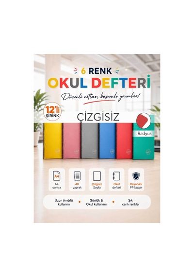 Pp Kapak Spiralli 40 Yaprak A4 Çizgisiz 12 Adet Defter Çok Renkli