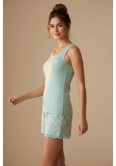 Gd Goldoremi Premium Kadın Modal Likralı Rahat Kumaş Askılı Şortlu Pijama Takım Yeşil
