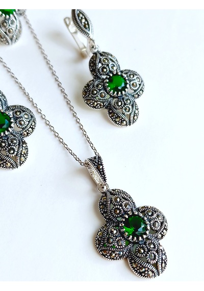 Gümüş Markazit Yeşil Taşlı Otantik Tasarım Kolye Küpe Yüzük Set