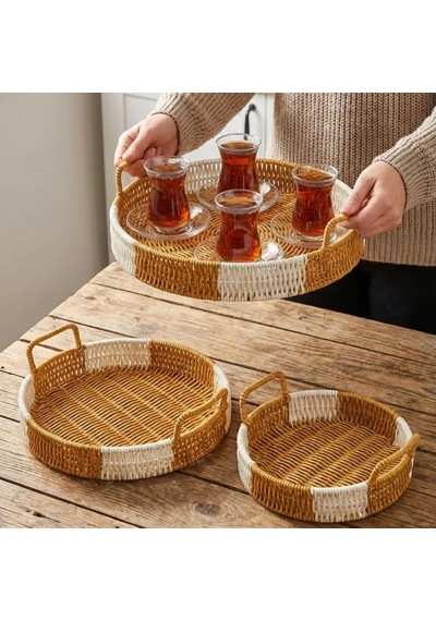 Durukar İç İçe Geçebilen 3 Lü Yuvarlak Plastik Rattan Tepsi Seti Çift Renkli Hasır Görünümlü Çok Am