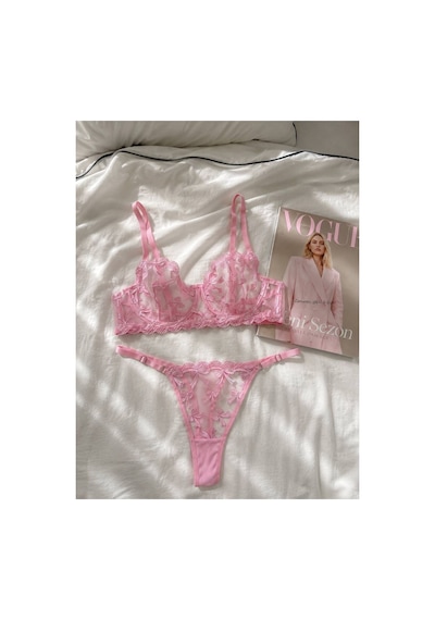 Brem Pembe Fiyonklu Balenli Bralet Takım