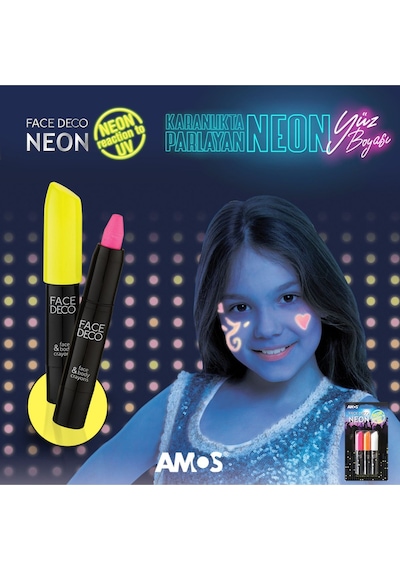 Amos Neon Gece Parlayan Yüz Boyası - 3lü Set