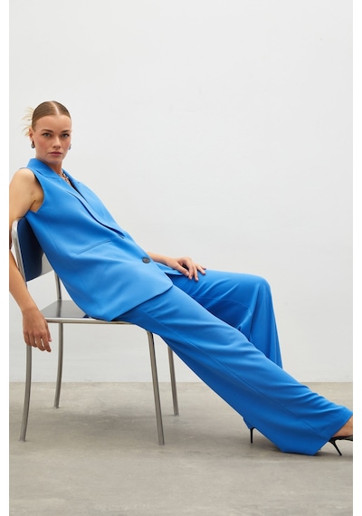 Sateen Pileli Krep Pantolon - Mavi