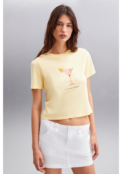 Grımelange Ivonne Kadın Cocktail Baskı Desenli Kısa Kollu Organik Pamuklu Bisiklet Yaka Crop Sarı T-shirt Grımelange Ivonne Kadın Cocktail Baskı Desenli Kısa Kollu Organik Pamuklu Bisiklet Yaka Crop Sarı T-shirt