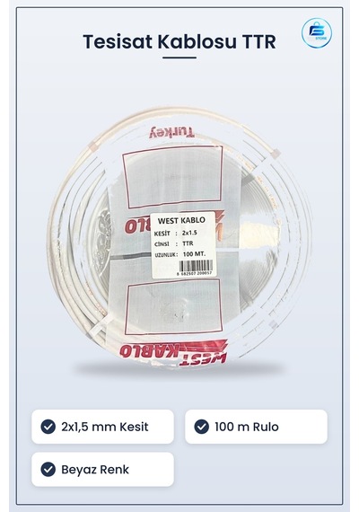 Elektrik Tesisat Kablosu 2x1,5 Mm Ttr 100 Metre Beyaz Ev Ofis Mon