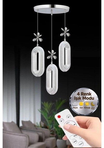 LumiaLighting Eclipse Model 3'lü Kumandalı Gümüş 3 Renk Modu Ledli Kristal Taşlı Modern Salon Mutfak Oturma Odası Led Avize Altın